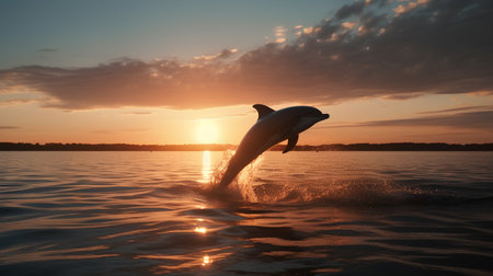 Dolphin jumping out of the water at sunset. 3d renderingの素材