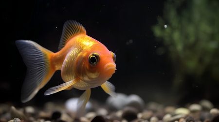 Goldfish swimming in the aquarium, close-up on a dark backgroundの素材