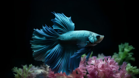 Capture the moving moment of blue siamese fighting fish isolated on black background. betta fish.の素材