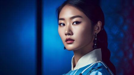 Beautiful asian woman model in blue suit. Studio shot.の素材