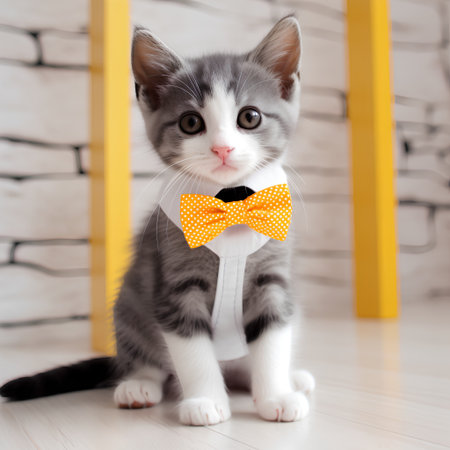 cute little kitten in bow tie on the floor at home.の素材