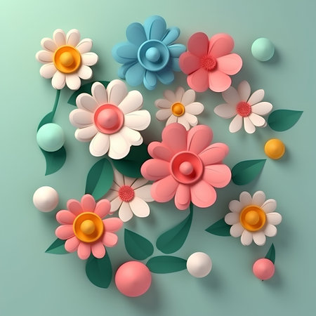 Paper flowers with pearls on green background. 3d illustration.の素材