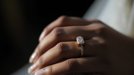 Close-up of a woman's hand holding a diamond ring.の素材
