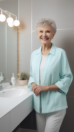 Positive aged woman looking at camera and smiling while standing in bathroomの素材