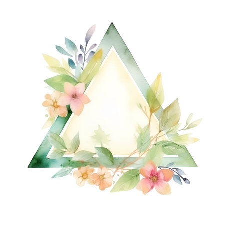 Watercolor green triangle with flowers and leaves isolated on white background.の素材