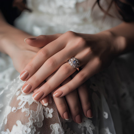Wedding rings on the hands of the bride and groom.の素材