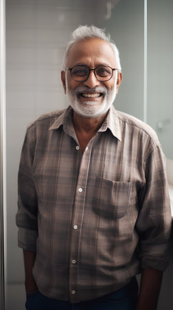 Portrait of a senior Indian man with eyeglasses in the bathroomの素材