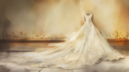 Wedding dress in vintage interior. Digital painting. Vector illustration.の素材
