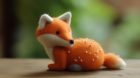 Cute little fox toy on wooden table with blurred background, soft focusの素材