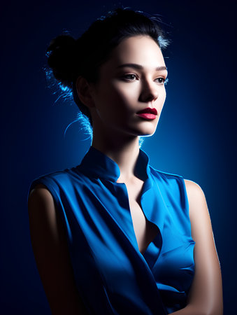 Portrait of beautiful young woman in blue dress on blue background.の素材
