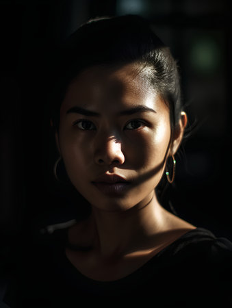Portrait of a beautiful asian woman looking at the camera in the darkの素材