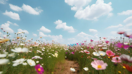 field of cosmos flowers with blue sky and white clouds in the background