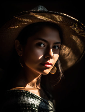 Portrait of a beautiful young woman in a straw hat on a dark backgroundの素材