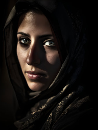 Portrait of beautiful muslim woman with veil over dark background.の素材