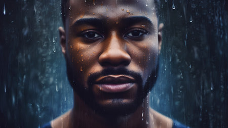 Portrait of a young African-American man under the rain.の素材