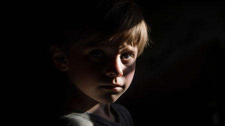 Portrait of a sad little boy on a dark background. Shallow depth of field.の素材