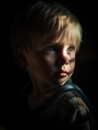 Portrait of a beautiful little boy in the dark. Close-up.の素材