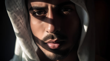 Arabic man in the dark with shadow on his face and mouthの素材