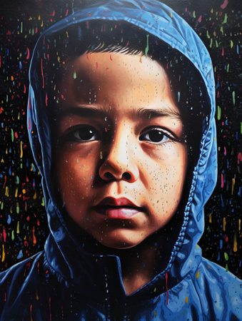 Portrait of a boy in a raincoat with raindrops.の素材