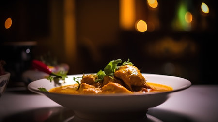 Indian chicken curry in a bowl on the table. Selective focus.の素材