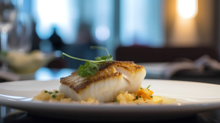 Close up of fish fillet with rice and sauce on a white plateの素材
