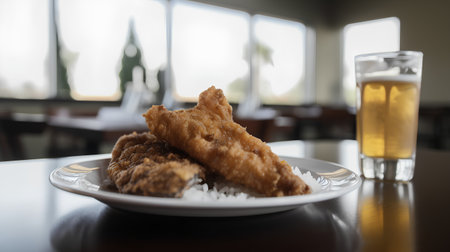 Crispy fried chicken with rice on the table in a pubの素材