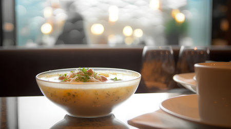 Creamy soup with chicken in a bowl on a table in a restaurantの素材