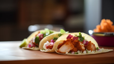 Mexican tacos with chicken and guacamole, close upの素材