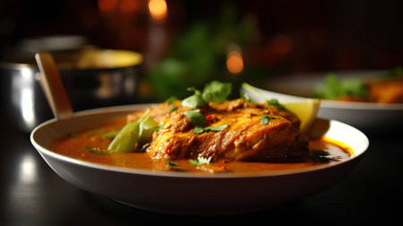 Indian chicken curry in a bowl on a wooden table. Selective focus.の素材