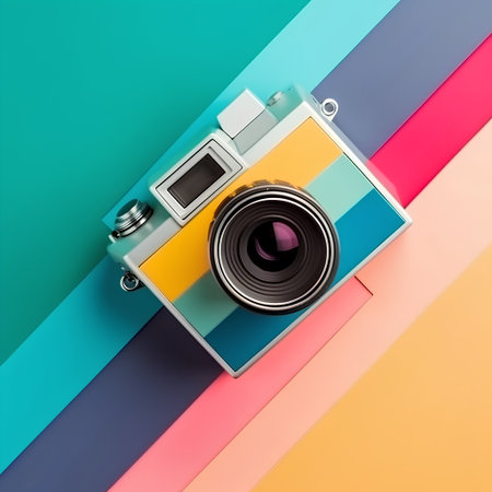 Retro camera on colorful background. 3d illustration. Vintage camera.の素材