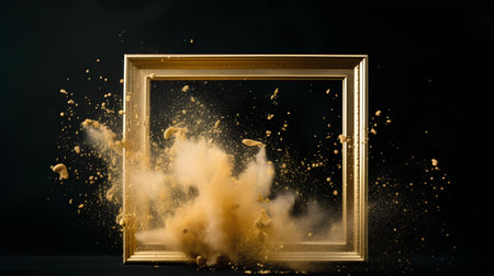 Golden frame with yellow dust explosion on black background. 3d renderingの素材
