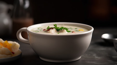Creamy soup with chicken and vegetables on a dark background.の素材