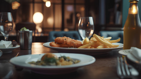 Fish and chips on a table in a restaurant. Selective focus.の素材