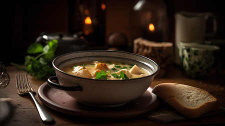 Creamy mushroom soup with croutons and parsley in a bowlの素材