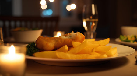 Fish and chips on a plate with a glass of wine in the backgroundの素材