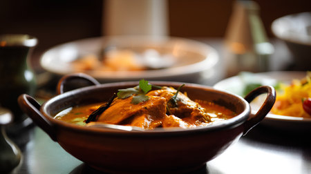 Indian chicken curry in a clay bowl. Selective focus. Shallow depth of field.の素材