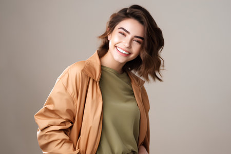 Portrait of a smiling young woman in beige coat looking at cameraの素材