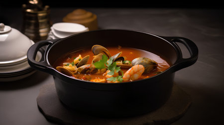 Seafood soup in a black bowl on a dark background.の素材