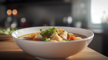 Bowl of soup with scallops and vegetables in the kitchenの素材