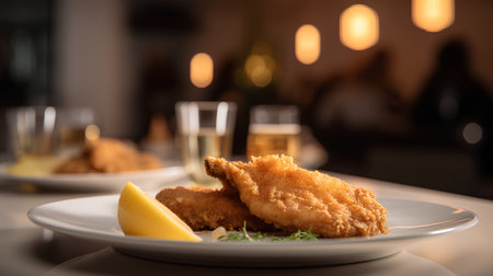 Crispy fried chicken fillet served on a plate with lemonの素材