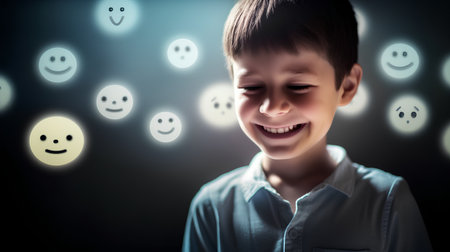 Little boy looking at smiley emoticons on virtual screen. Emotions conceptの素材