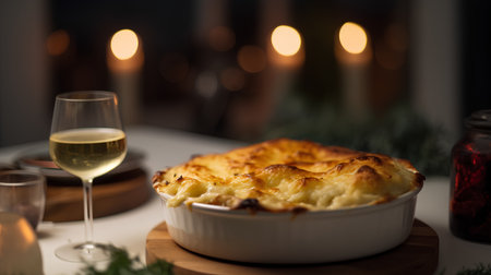 Baked cheese casserole in a white ceramic dish on a wooden board with a glass of white wine.の素材