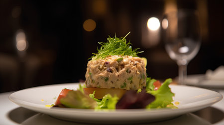tuna tartare with lettuce and tomato on white plate in restaurantの素材