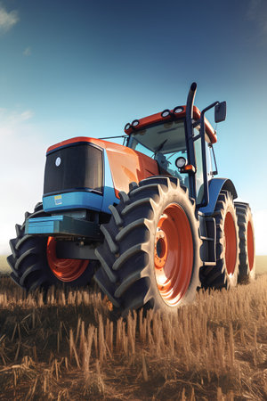 Modern tractor on wheat field. Agricultural machinery. 3D render.の素材