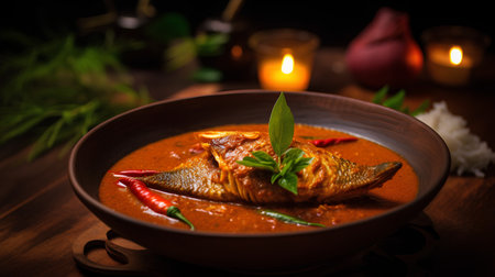 Fish curry in bowl on wooden background. Selective focus. Toned.の素材