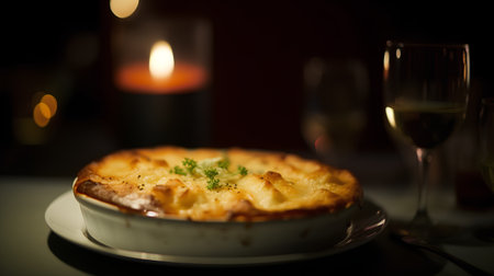 Baked cheese casserole with herbs and a glass of wineの素材
