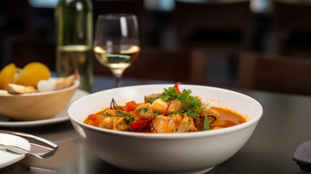 Delicious fish stew with vegetables and spices in a white bowl on the tableの素材