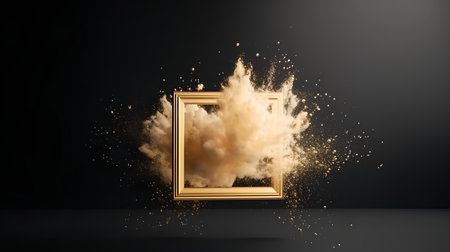 Golden frame with a cloud of smoke on a black background. 3d renderingの素材