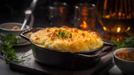Potato gratin with cheese and herbs on a dark background.の素材
