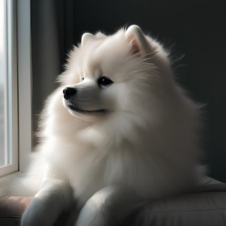 White Pomeranian dog sitting on the window sill and looking at the cameraの素材
